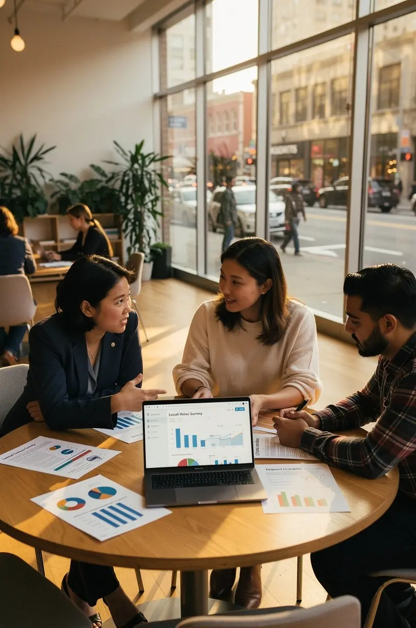 Group of diverse community members engaged in an outdoor discussion sharing ideas and solutions for local challenges in a Canadian neighborhood