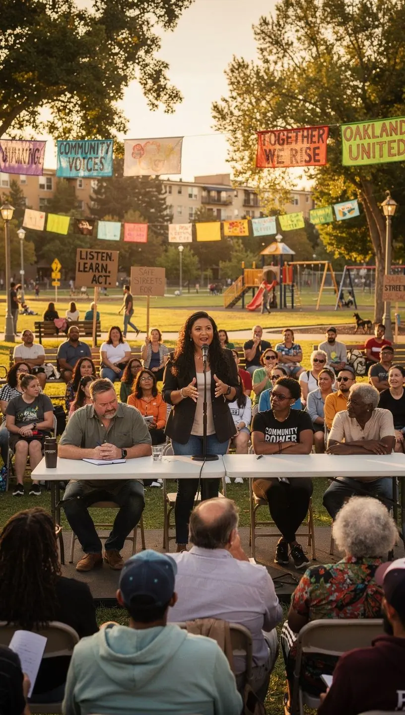Diverse group of community members gathered in a local park sharing stories and ideas.