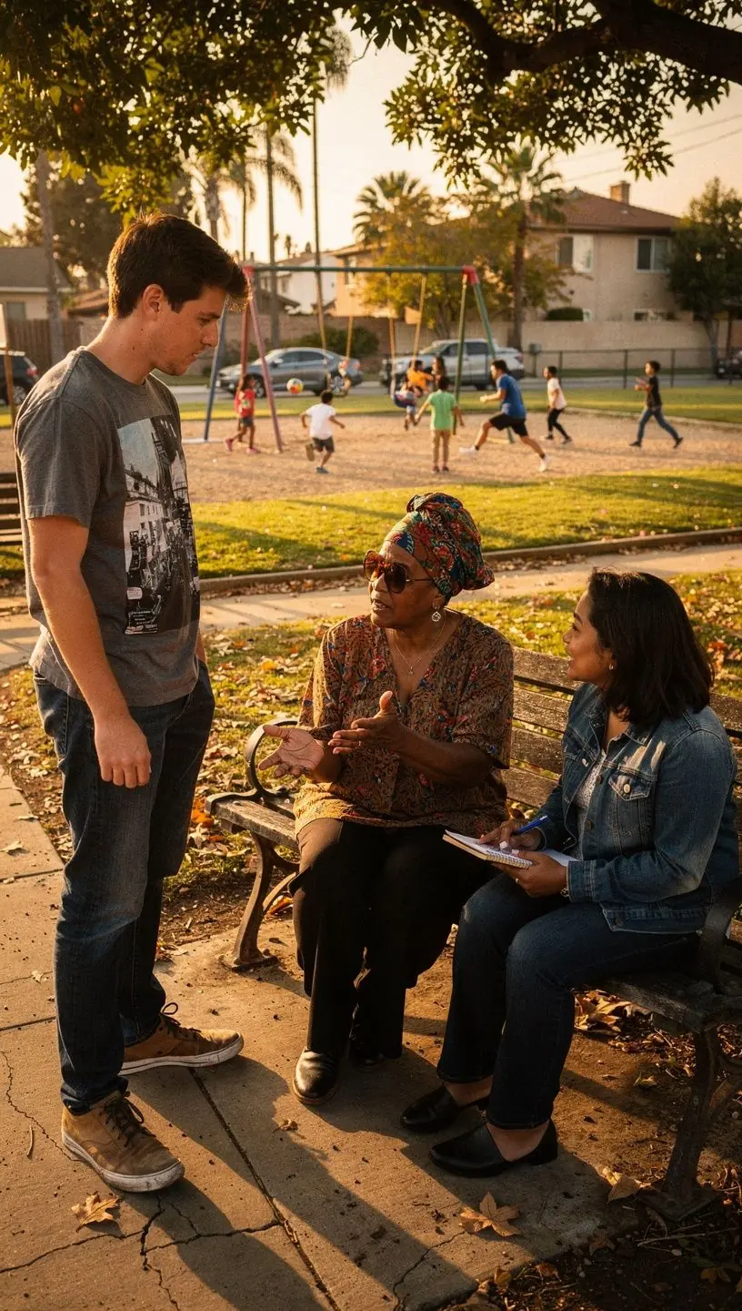 Close-up of hands holding a smartphone displaying a community storytelling platform interface.